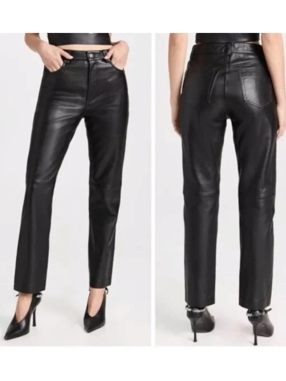 VEDA x Reformation Cynthia Black Straight Leg Ankle Length Lamb Leather Pants